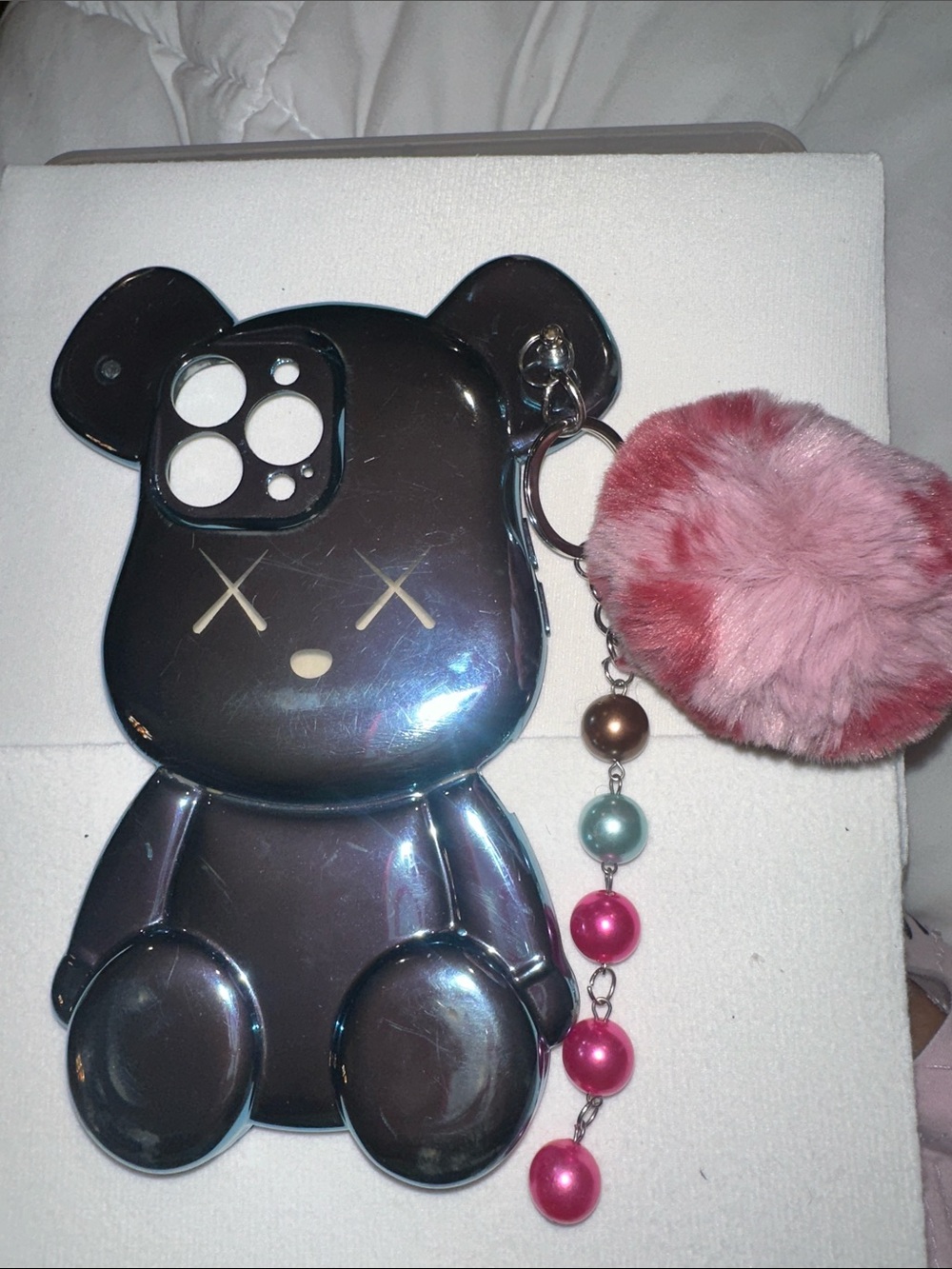 Cute Bear Phone Case with Pink Fur Pom Pom Keychain iPhone 14!pro max case